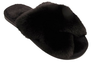 SIZE 7-8 BLACK LADIES FURRY SLIPPERS WOMEN FLUFFY SLIDERS CROSSOVER OPEN TOE FAUX FUR MULES